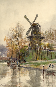 31468 Gezicht over de stadsbuitengracht te Utrecht op de molen Rijn en Zon op het Paardenveld.